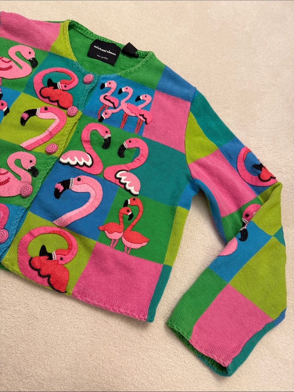 Michael Simon colorful vintage 1999 Flamingo knit sweater cardigan size L - Picture 8 of 15
